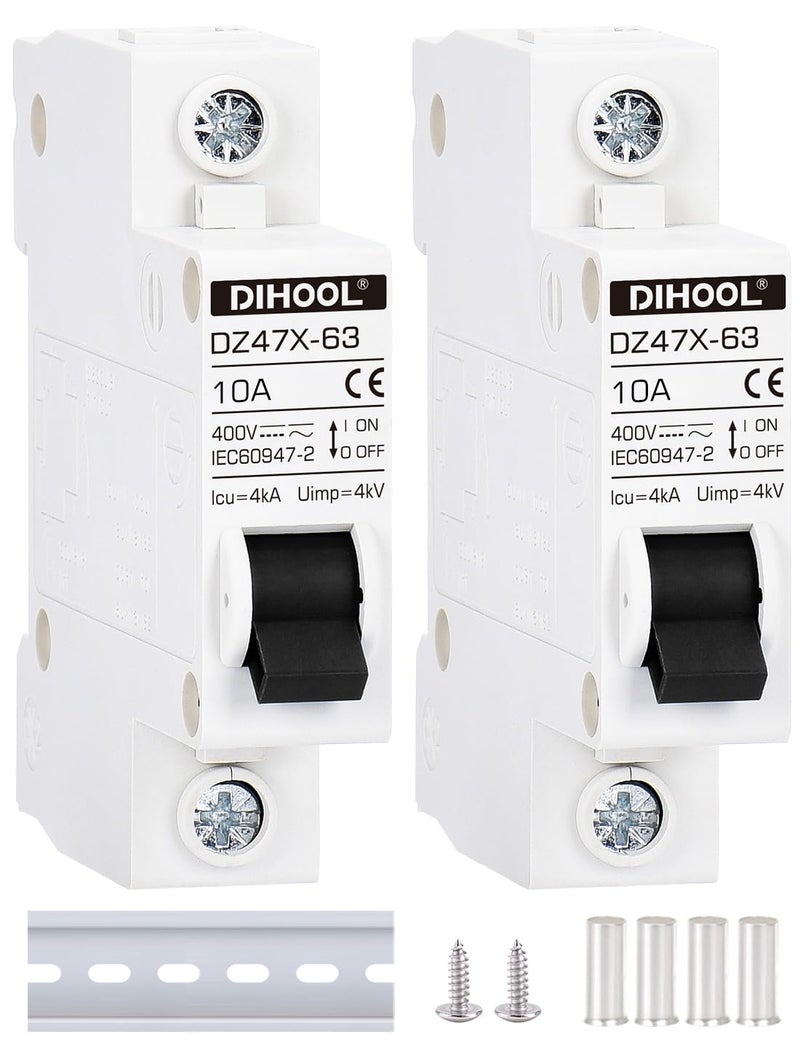 DIHOOL قواطع دوائر مصغرة AC/DC، عبوة 2، قطب واحد 10 أمبير، 12V 24V 48V 400V، غير قطبي، مفتاح فصل شمسي، تركيب على سكة DIN، عازل بطارية RV، MCB لمصفوفة PV، قاطع حراري مغناطيسي - Image 1